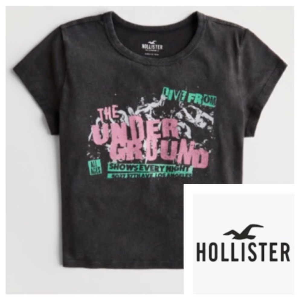 Hollister Live from the Underground Relaxed Print Graphic Baby Tee Medium black